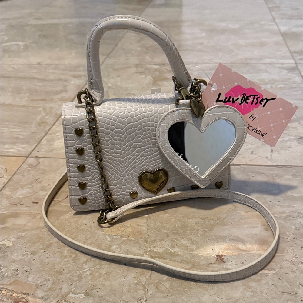 Betsey Johnson White Mini Bag with Gold Heart Accents